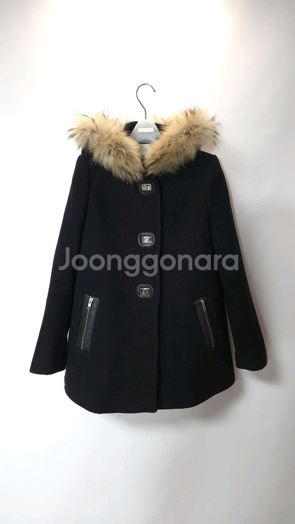 산드로 라쿤퍼 후드 양가죽 배색 울코트 36 사이즈--1