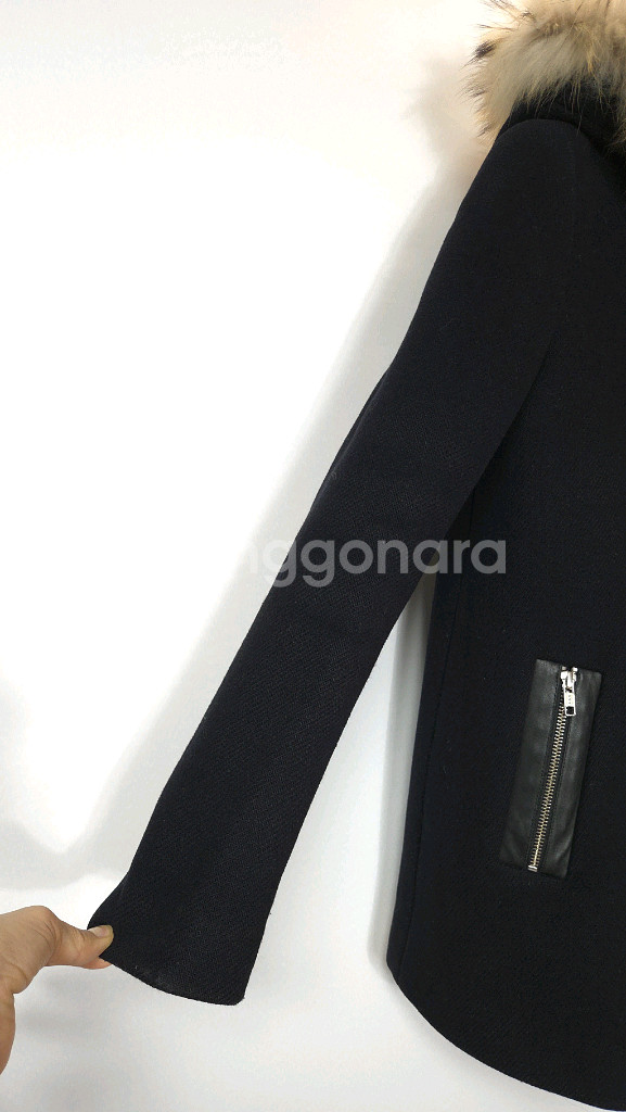 산드로 라쿤퍼 후드 양가죽 배색 울코트 36 사이즈--3