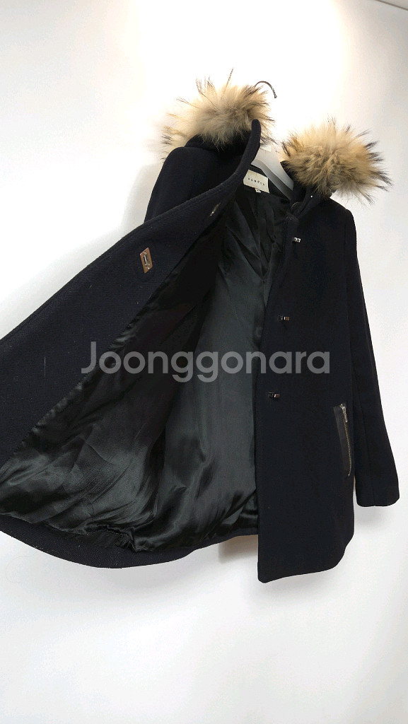 산드로 라쿤퍼 후드 양가죽 배색 울코트 36 사이즈--7