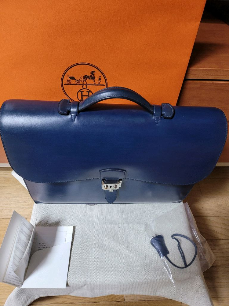 에르메스 서류가방 에르메스 삭아 데페슈 38 코랄 블루 브리프케이스 복스가죽 토트백--2