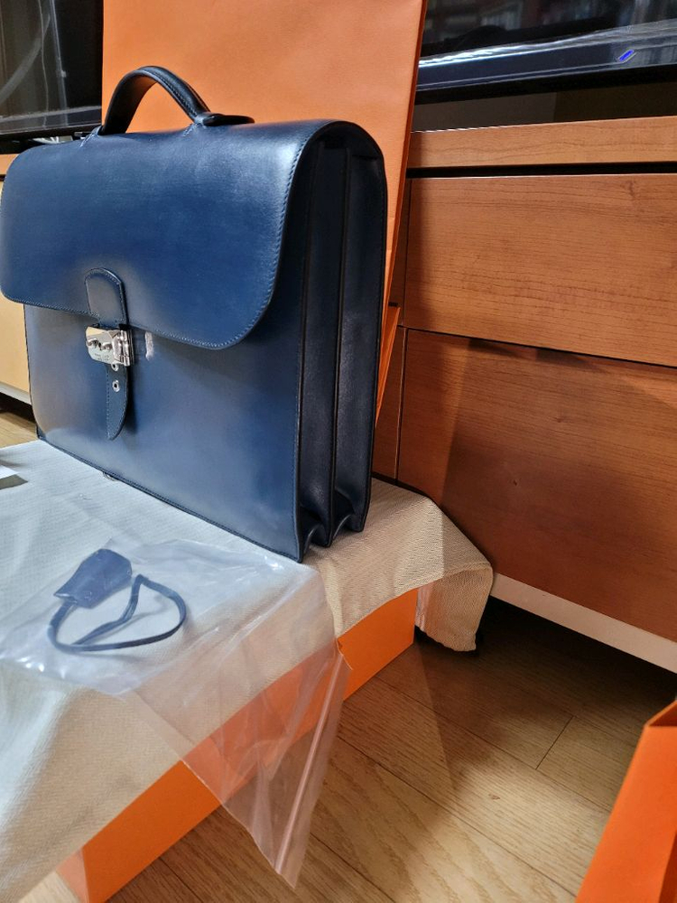 에르메스 서류가방 에르메스 삭아 데페슈 38 코랄 블루 브리프케이스 복스가죽 토트백--4