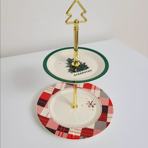 스타벅스 2021 크리스마스 md 홀리 체크 애프터눈 티세트 플레이트 디쉬 2단 접시 스벅 홈카페 인테리어 소품