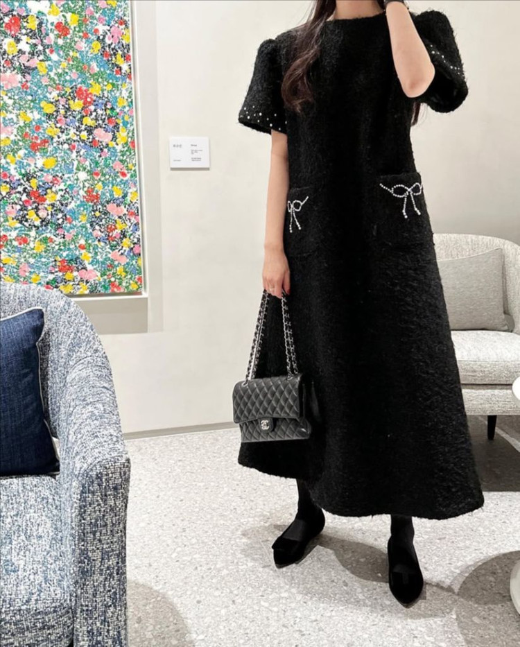 바이씨니 by ssiny 리본진주원피스 부클 퍼 반팔 퍼프 플레어 셀프웨딩 생일룩 연팔룩 파티룩 이미지