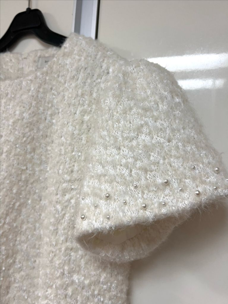 바이씨니 by ssiny 리본진주원피스 부클 퍼 반팔 퍼프 플레어 셀프웨딩 생일룩 연팔룩 파티룩 이미지