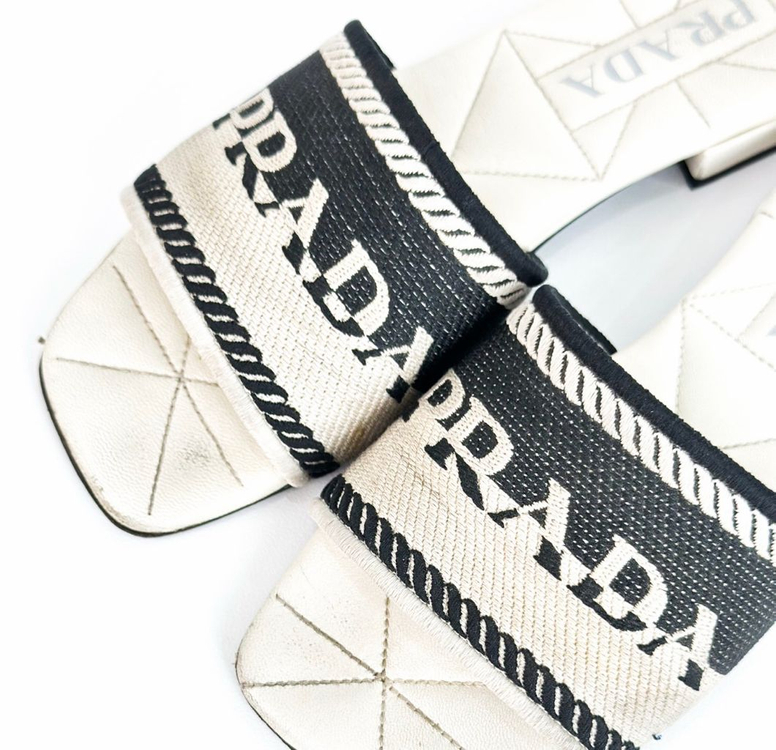 [36] 프라다 여성 자수 로고 그래픽 슬라이드 슬리퍼--6