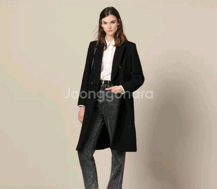 산드로 울 트위드 여성 롱코트 블랙--0