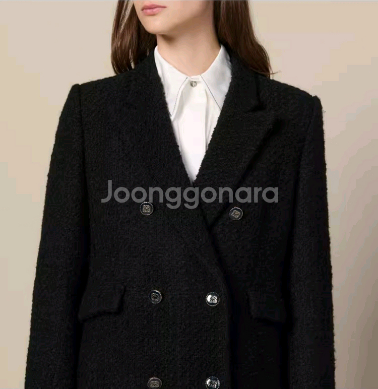 산드로 울 트위드 여성 롱코트 블랙--2