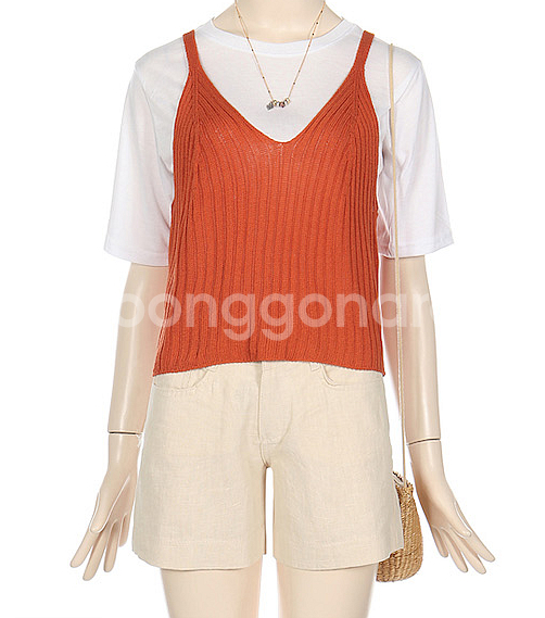 반팔 니트 뷔스티에 티셔츠 오렌지 free--0