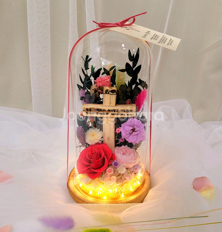 프리저브드플라워 십자가 장미 유리돔--0