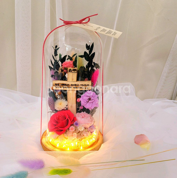 프리저브드플라워 십자가 장미 유리돔--2