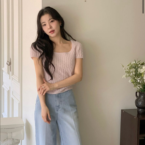 스퀘어넥 케이블 반팔니트