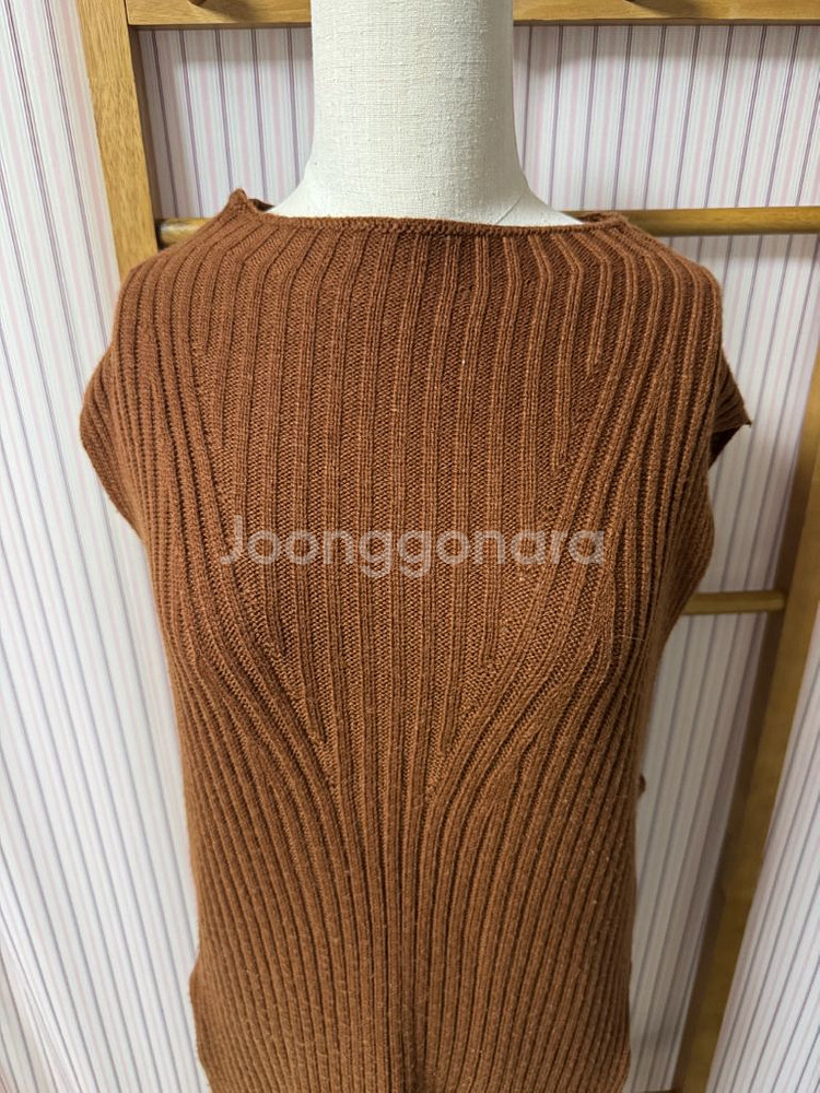 독특한 옆트임 골지 레이어드 니트 롱 원피스 브라운 베스트 조끼--3