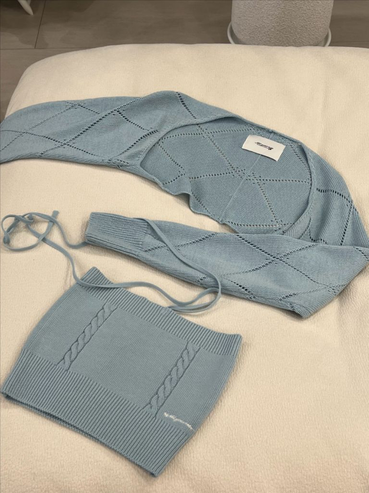 낫유어로즈 가디건 나시탑 니트 세트 Crystal knit bolero set blue--2