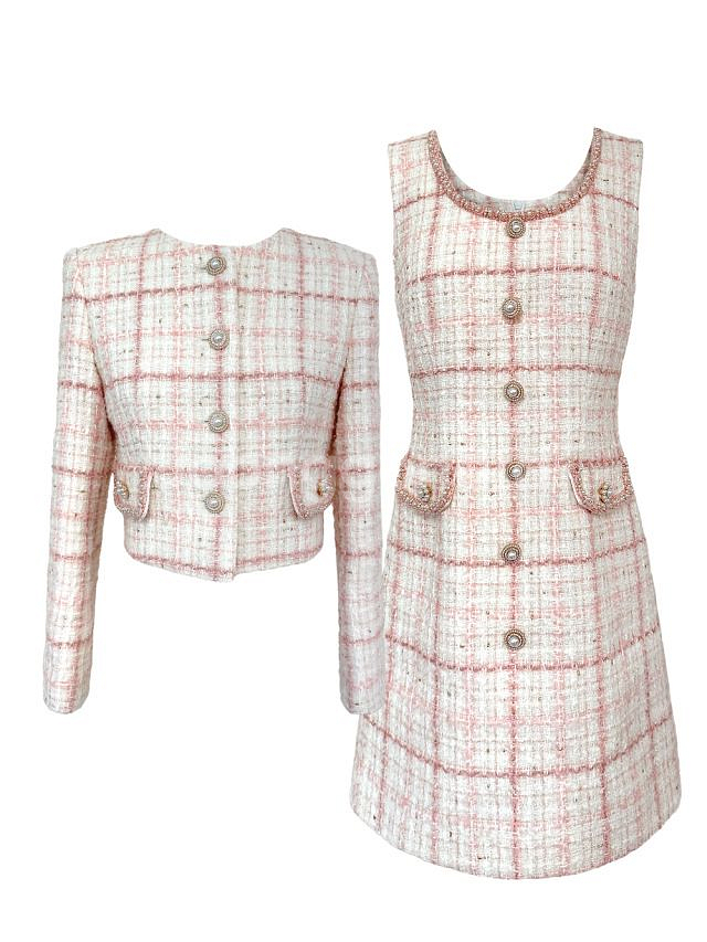 로아르 프리미엄 체크 트위드 자켓 원피스 세트 S 새상품--6