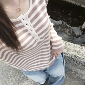 요이요 보들 스트라이프 단가라 헨리 버튼 니트 긴팔 티셔츠 에이블리