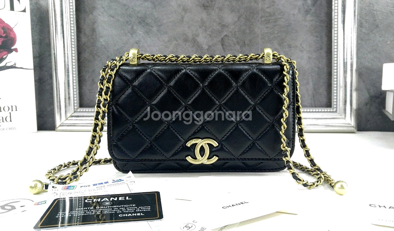 샤넬 체인 지갑 카프스킨 & 골드 메탈 블랙--4