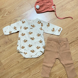 밍크뮤 아기 바디슈트 모자 바지 3세트 12개월