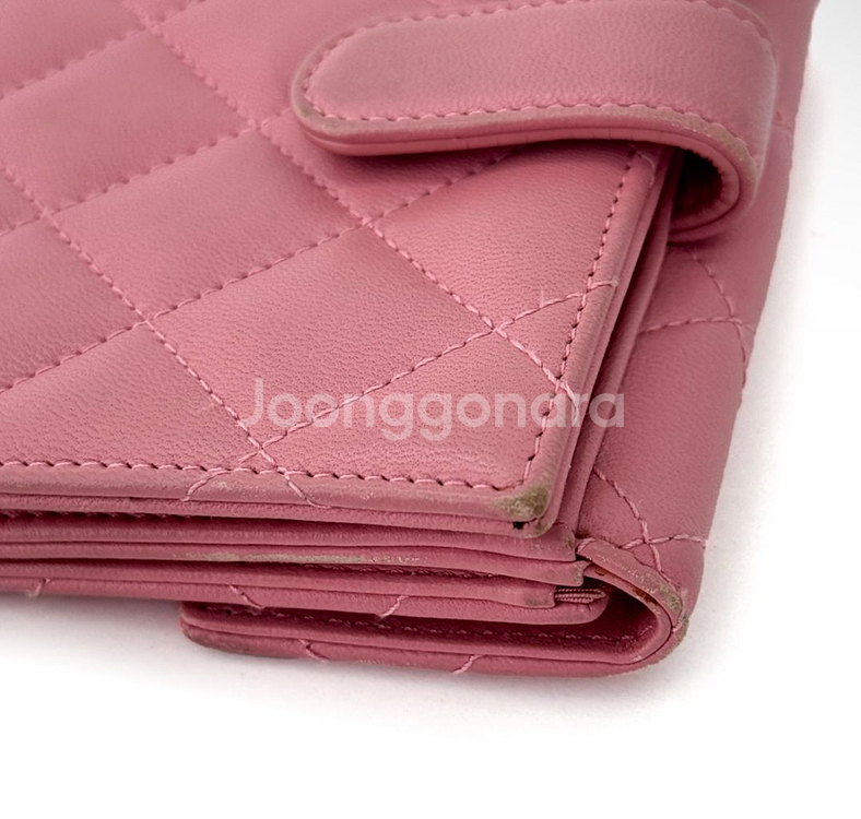 샤넬 CC로고 램스킨 클래식 똑딱이 플랩 반지갑 핑크--4