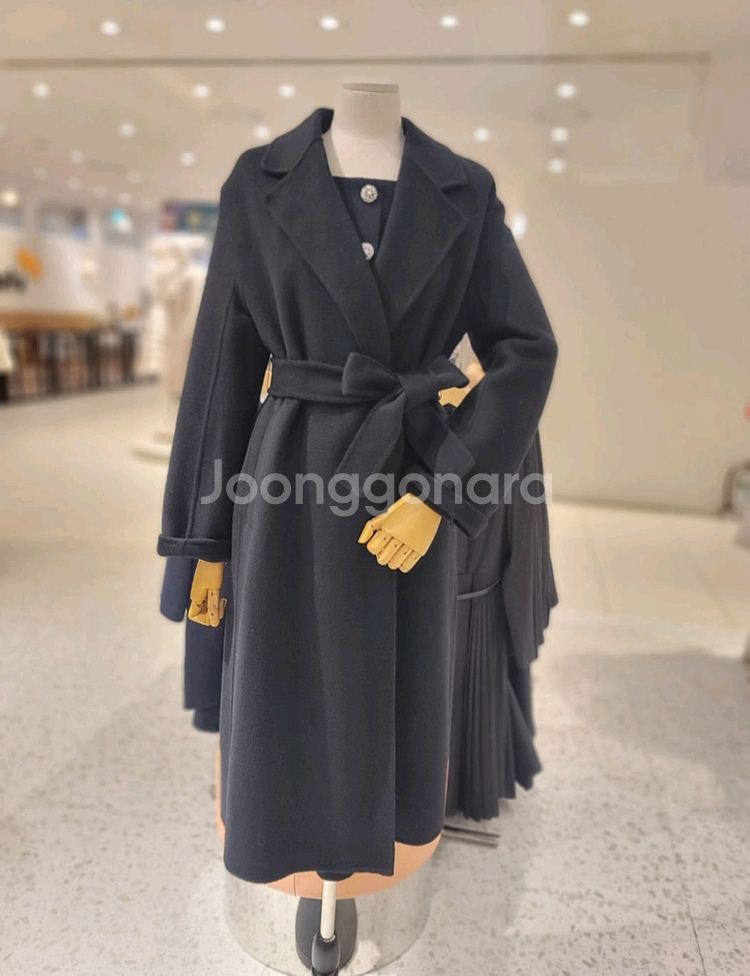 LINE 라인어디션 핸드메이드 벨티드 캐시미어 혼방 롱코트 55 블랙--0