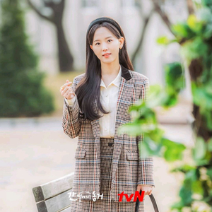 강한나 산드로 트위드 체크 여성 울 자켓 블레이저 스커트 셋업 세트