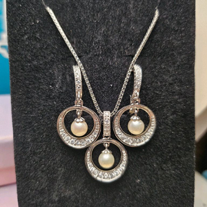 진주 큐브체인 실버 목걸이귀걸이 세트