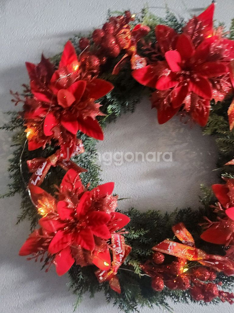 새상품)대형 크리스마스 리스 펄열매 포인세티아 조화--4