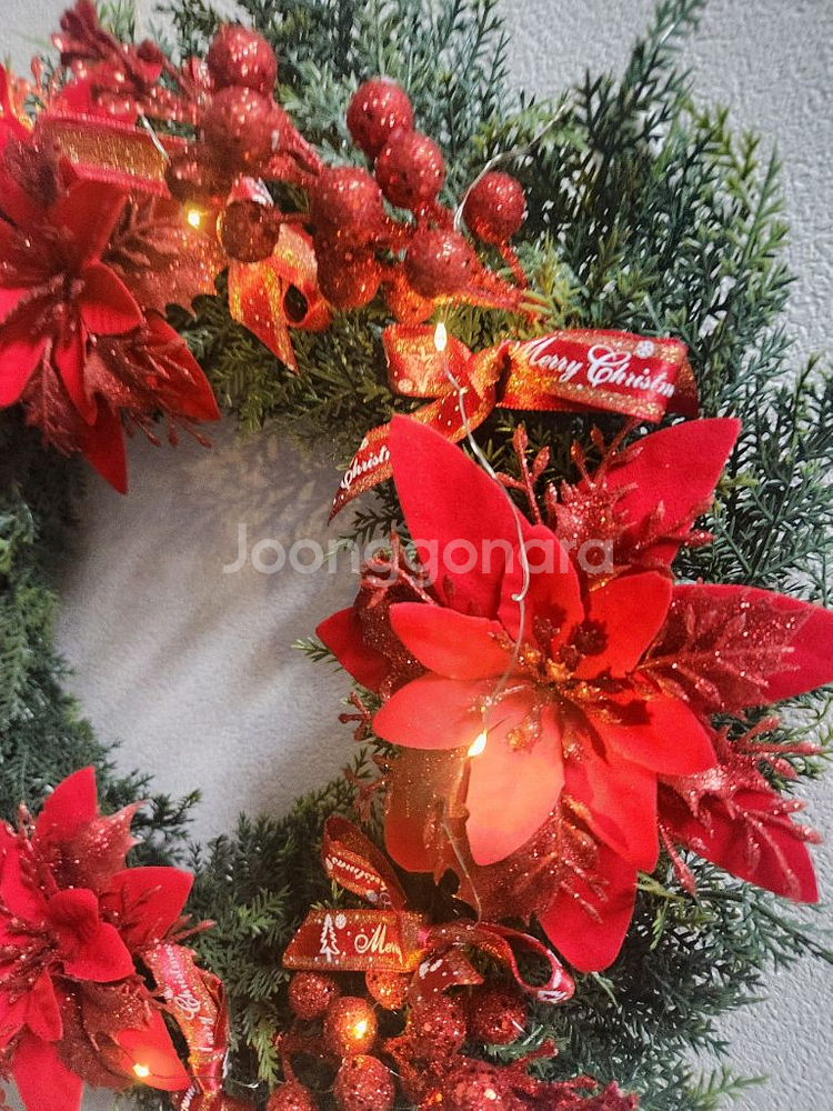 새상품)대형 크리스마스 리스 펄열매 포인세티아 조화--5