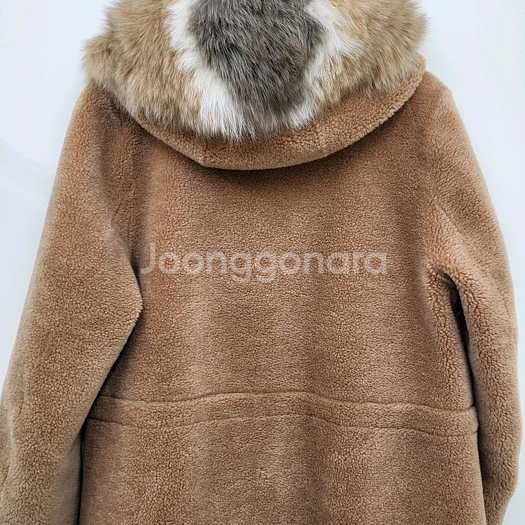모스코나 100% 양모 무스탕 폭스퍼 후드 코트--4
