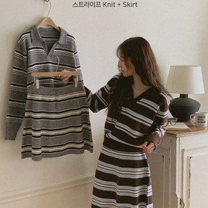 (마지막가격) 그레이스뮤즈 콜런 스트라이프 카라 겨울 니트 셋업