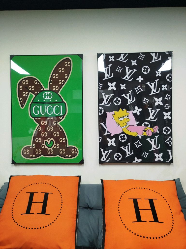 구찌액자 구찌그림 토끼그림 대형 그림액자 그림 액자 팝아트 인테리어소품 명품그림 명품액자 꽃 곰인형 콜라보 인테리어--1