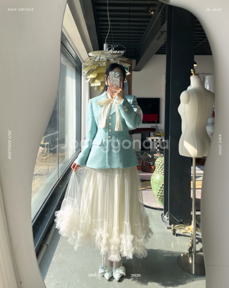 (새상품) 라보빈티지 하늘색 민트 트위드 셋업 투피스--4