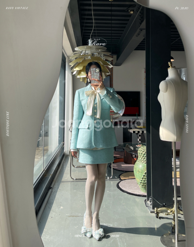 (새상품) 라보빈티지 하늘색 민트 트위드 셋업 투피스--5