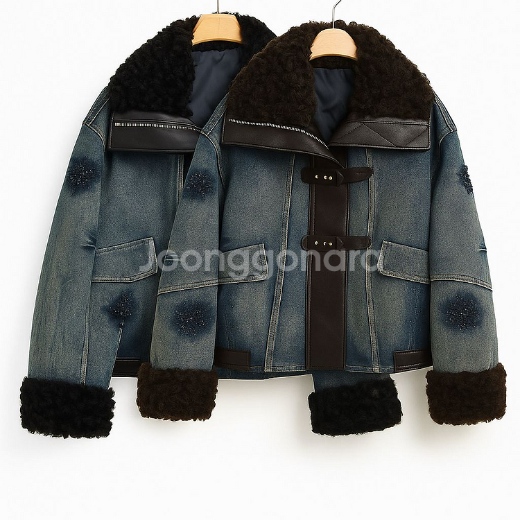 여성 리미티드 럭스 무스탕 데님 퍼 자켓--0