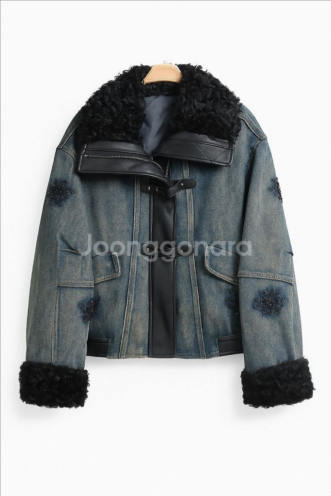 여성 리미티드 럭스 무스탕 데님 퍼 자켓--1