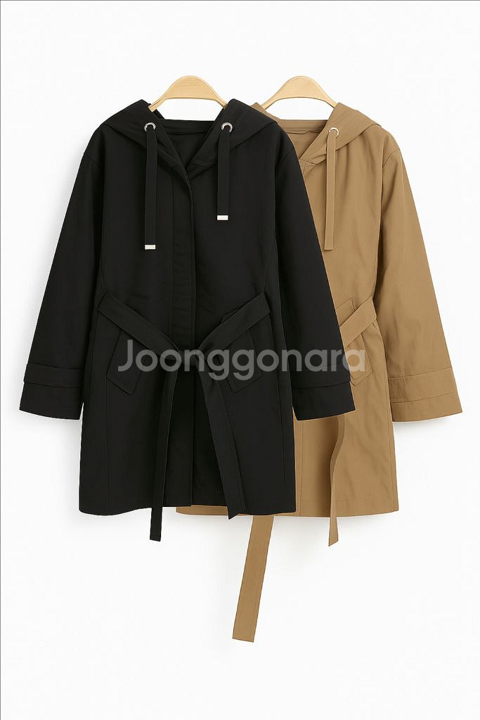 여성 구스다운 후드 벨티드 트렌치자켓--4