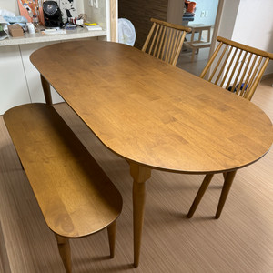 [장미맨숀] 레베카 타원형 원목 카페 테이블 1800 식탁세트 01 (테이블1+벤치1+원목의자2)