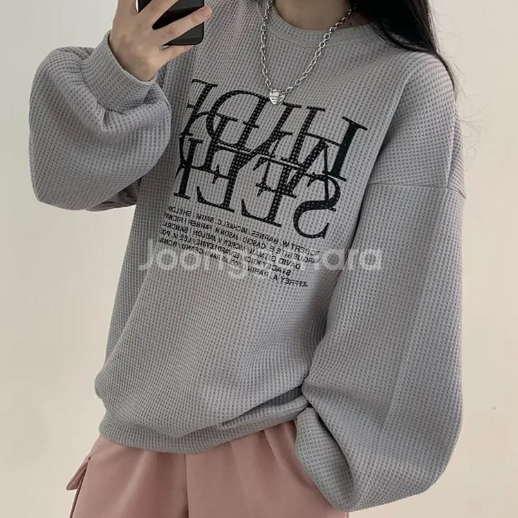 에이블리 와든 오버핏 레터링 와플니트 맨투맨 그레이--1