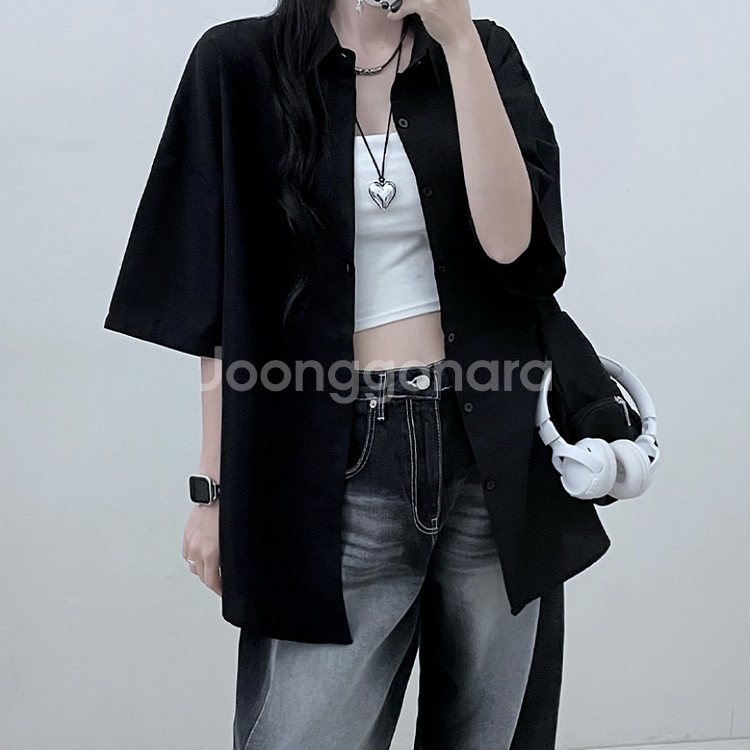 에이블리 박스핏 셔츠 반팔 남방 블랙--1