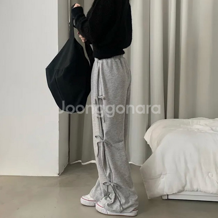에이블리 리본 와이드팬츠 추리닝 밴딩바지 그레이--1
