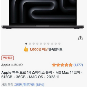 애플 맥북 프로 14 스페이스 블랙 • M3 Max 14코어 • 512GB • 36GB • MAC OS 미개봉