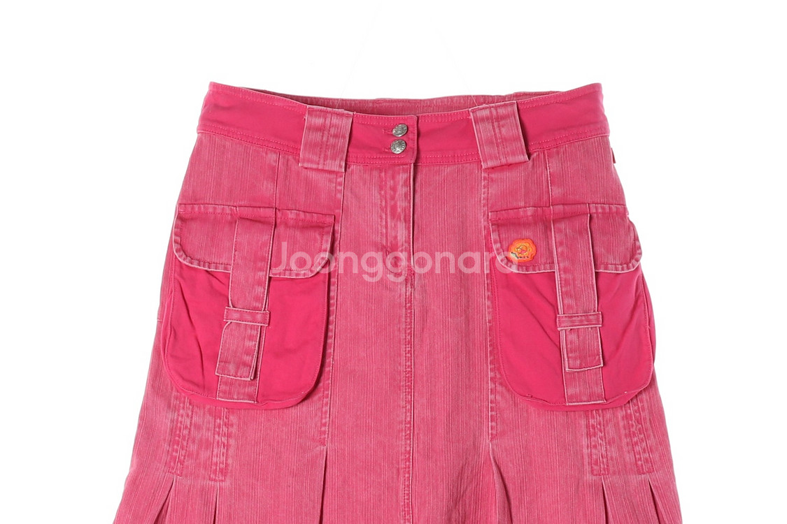 [L]오일릴리 핫핑크 카고 포켓 플리츠 미디 데님 스커트 청치마--2