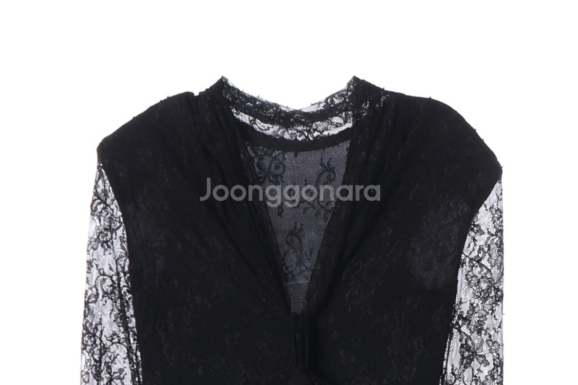 (새상품)[S]자라 블랙 레이스 리본타이 브이넥 긴팔 롱 원피스 드레스--2