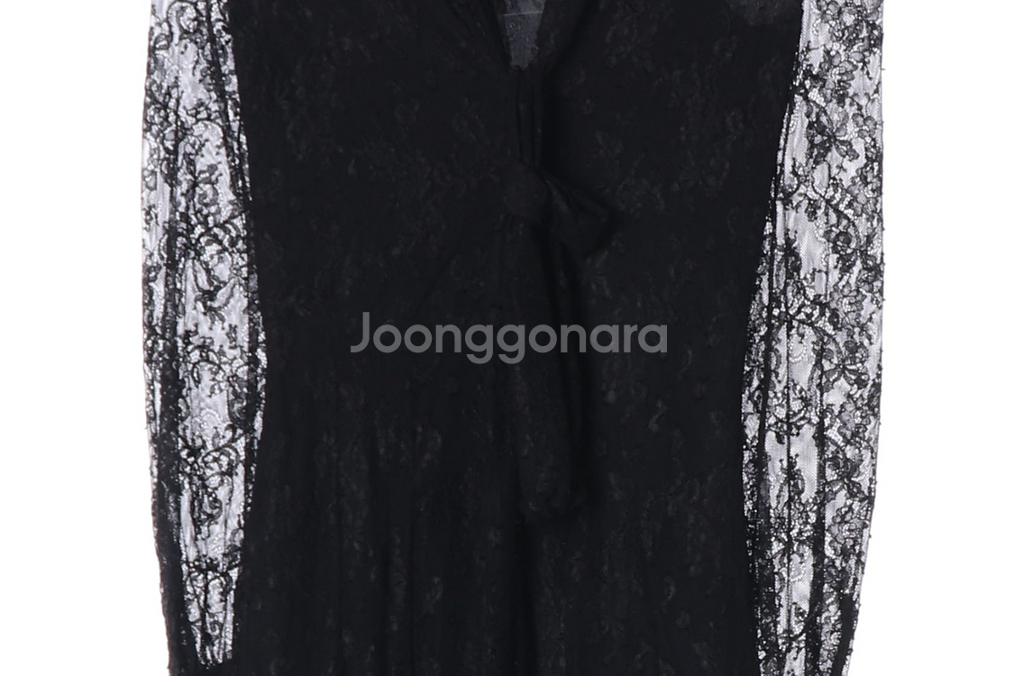 (새상품)[S]자라 블랙 레이스 리본타이 브이넥 긴팔 롱 원피스 드레스--3