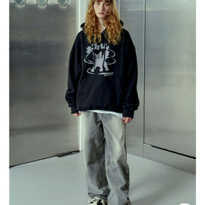 엔피스튜디오 네코 팜 로고 오버핏 기모후드티셔츠 블랙 XL사이즈