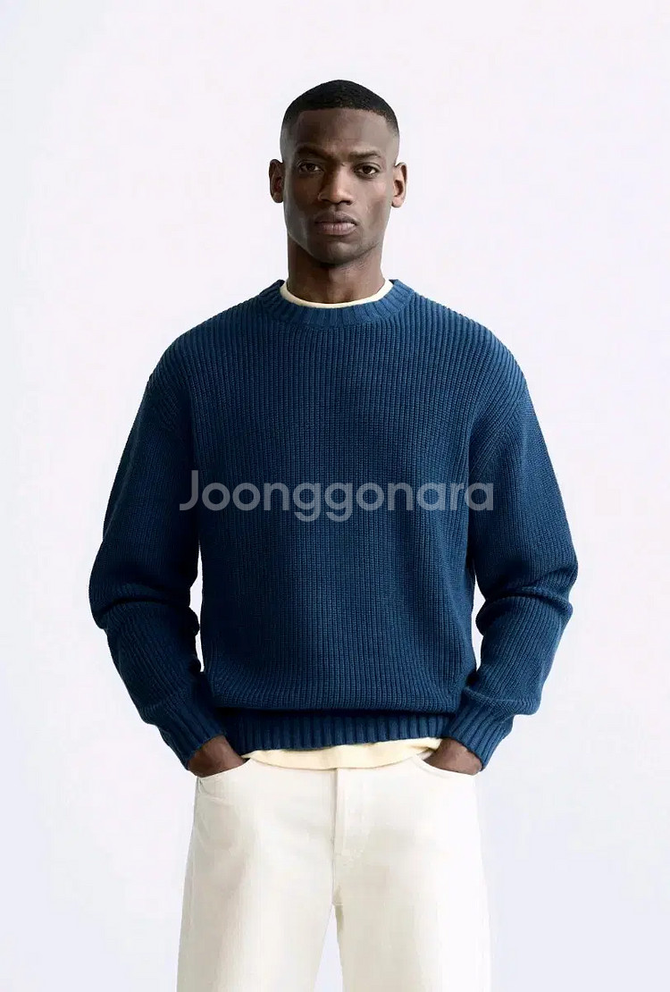 M) 자라 ZARA 블루 니트 스웨터 면 코튼 5755 420 스트럭처--6