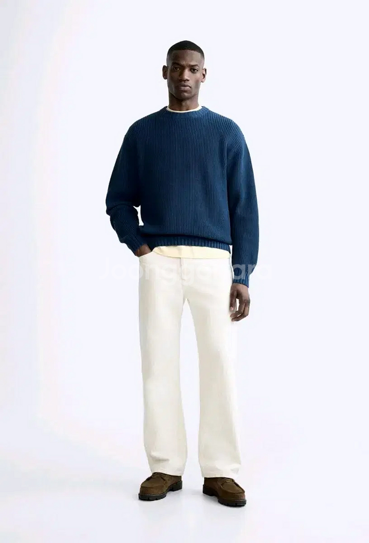 M) 자라 ZARA 블루 니트 스웨터 면 코튼 5755 420 스트럭처--7