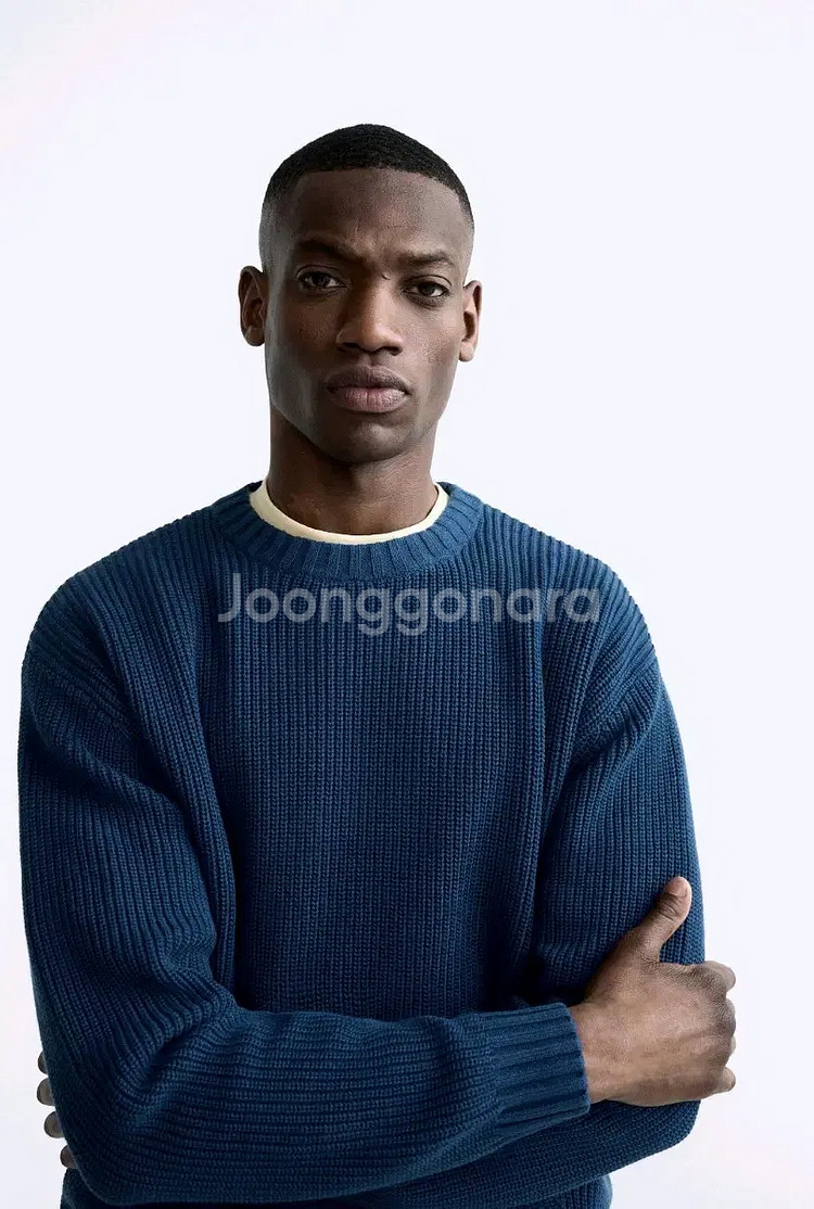 M) 자라 ZARA 블루 니트 스웨터 면 코튼 5755 420 스트럭처--8