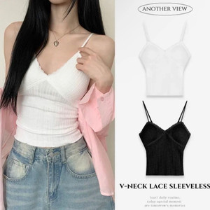 (새상품)V넥 레이스 슬리브리스 화이트/FREE