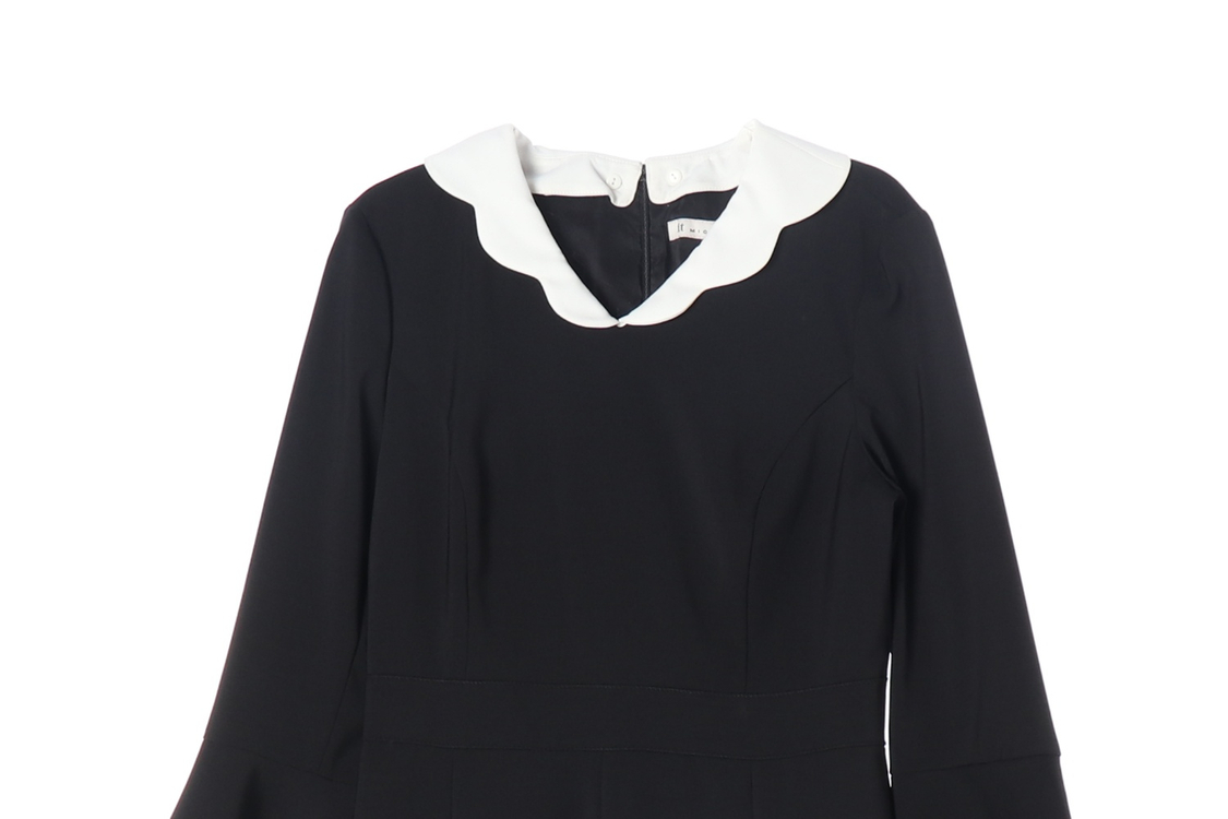 [S]잇미샤 블랙 화이트 물결 카라 긴팔 플레어 원피스 하객룩 드레스--1