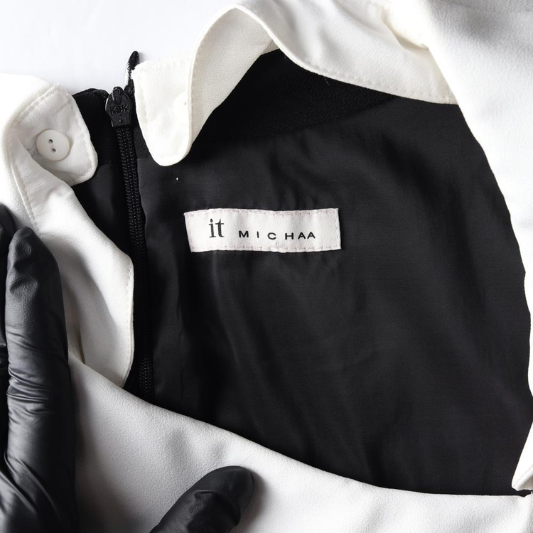 [S]잇미샤 블랙 화이트 물결 카라 긴팔 플레어 원피스 하객룩 드레스--4